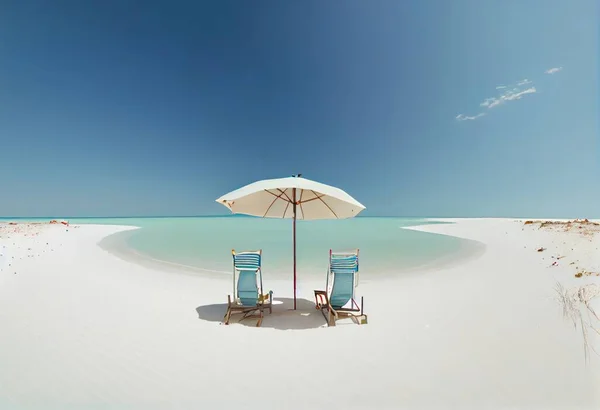 Chairs And Umbrella In Tropical Beach, Seascape Banner. Vacation, holiday, summer creative concept