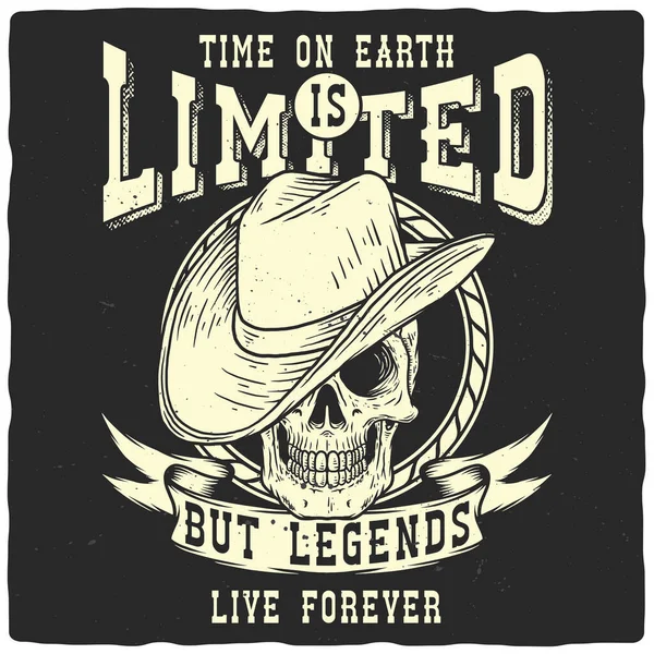 Disegno Una Shirt Poster Con Illustrazione Teschio Cowboy Cappello Una — Vettoriale Stock