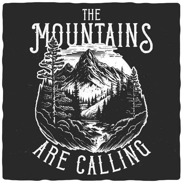 Diseño Para Una Camiseta Póster Con Una Ilustración Bosque Montañas — Vector de stock
