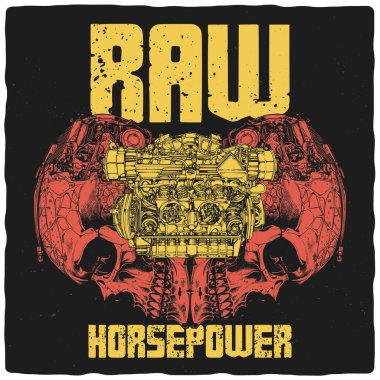 Bir tişört ya da kaslı araba motoru çizimi içeren bir poster tasarımı