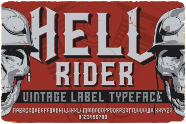 Hell Rider adında eski bir etiket yazı tipi. Poster, tişört, logo, etiket gibi tasarımlarınız için orijinal yazı karakteri.