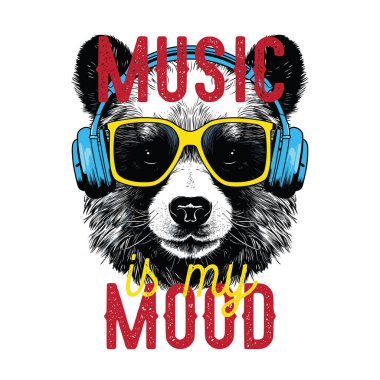 Kulaklıkla müzik dinleyen bir ayı olan tişört ya da poster tasarımı