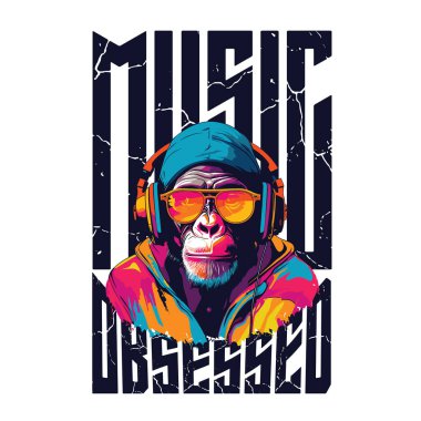 Kulaklıkla müzik dinleyen bir maymunun olduğu tişört ya da poster tasarımı