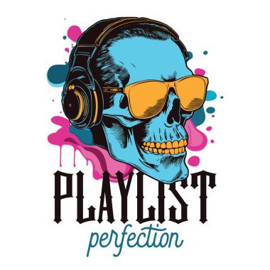 Kulaklıkla müzik dinleyen bir kafatası olan tişört ya da poster tasarımı