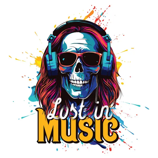 Shirt Poster Avec Crâne Écoutant Musique Sur Écouteurs Vecteurs De Stock Libres De Droits