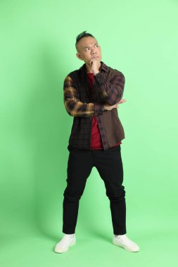Yeşil arka planda duran ekose gömlekli 40 'lı yaşlardaki Asyalı adam..