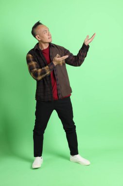 Yeşil arka planda duran ekose gömlekli 40 'lı yaşlardaki Asyalı adam..