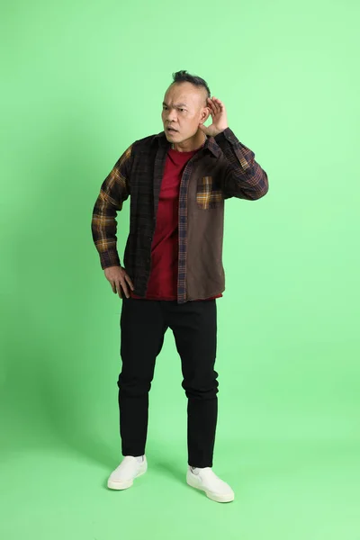 40Άρης Ασιάτης Άνδρας Καρό Πουκάμισο Στέκεται Στο Πράσινο Φόντο — Φωτογραφία Αρχείου