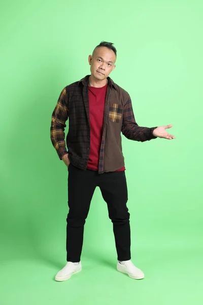 40S Adult Asian Man Plaid Shirt Standing Green Background — Stock Photo, Image