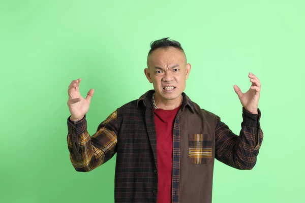 40多岁的亚洲成年人 穿着格子呢衬衫 站在绿色的背景上 — 图库照片