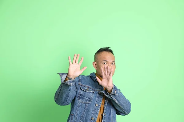 40S Adult Asian Man Jean Shirt Standing Green Background — Stock Photo, Image