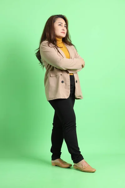Adult Asian Business Woman Standing Green Background — Stock Photo, Image