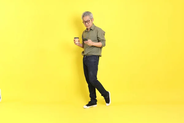40S Adult Asian Man Casual Dressed Standing Yellow Background — 스톡 사진
