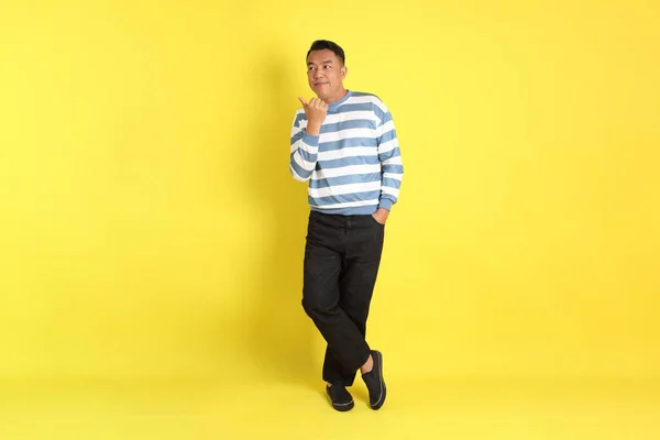 40S Adult Asian Man Standing Yellow Background — Stock Fotó