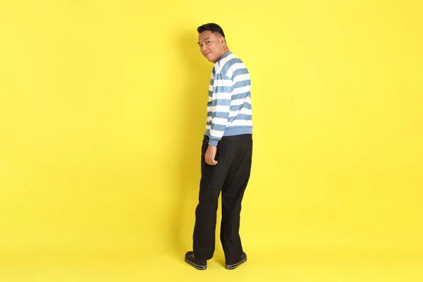 40S Adult Asian Man Standing Yellow Background — Stock Fotó