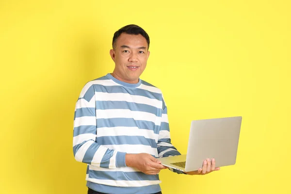 40S Adult Asian Man Standing Yellow Background — 图库照片