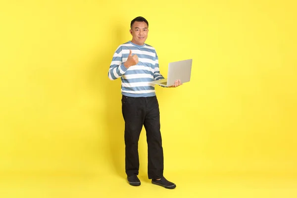 40S Adult Asian Man Standing Yellow Background — 图库照片