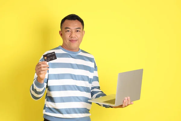 40S Adult Asian Man Standing Yellow Background — Photo