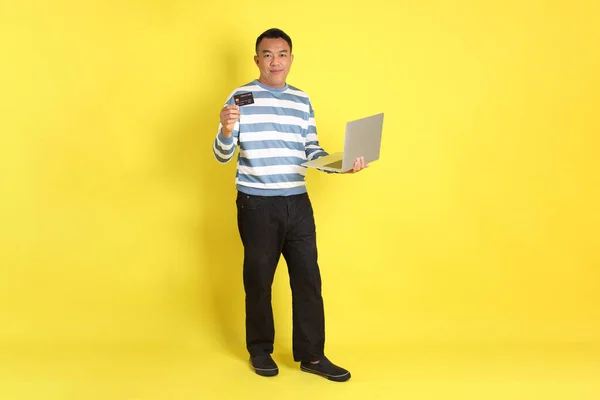 40S Adult Asian Man Standing Yellow Background — 스톡 사진