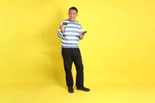 40S Adult Asian Man Standing Yellow Background — 스톡 사진
