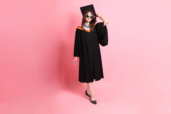 Asian Woman Graduation Gown Standing Pink Background — Stock Photo, Image
