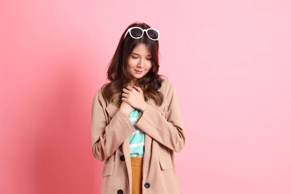 Young Adult Asian Woman Casual Clothes Pink Background — Stock Photo, Image