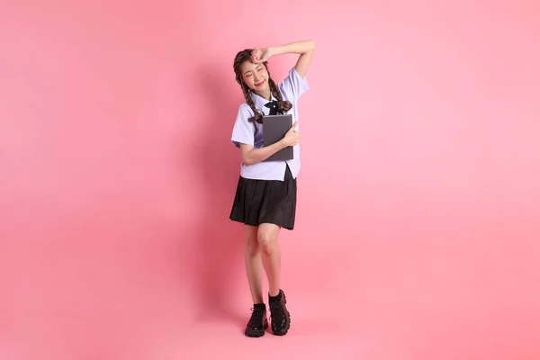 Asian Girl Thai Student Uniform Standing Pink Background — Stock Photo, Image