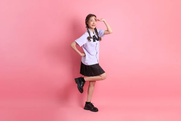Asian Girl Thai Student Uniform Standing Pink Background — Stock Photo, Image