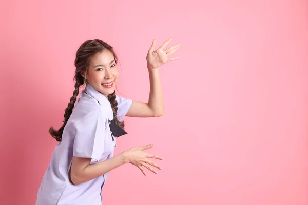 Ázsiai Lány Thai Diák Egyenruha Áll Rózsaszín Háttér — Stock Fotó