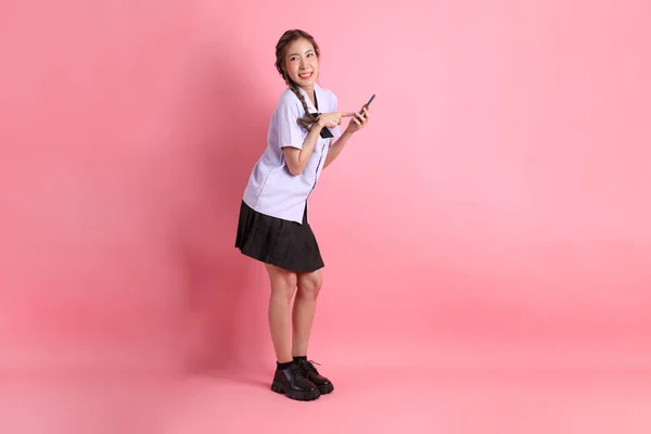 Het Aziatisch Meisje Thai Student Uniform Staan Roze Achtergrond — Stockfoto
