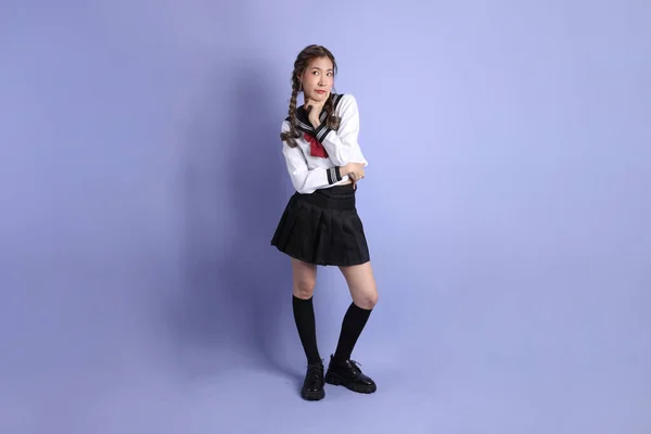 Asian Girl Japanese Student Uniform Standing Purple Background — Stock Photo, Image