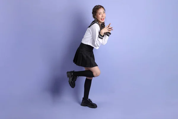 Asian Girl Japanese Student Uniform Standing Purple Background — Stock Photo, Image