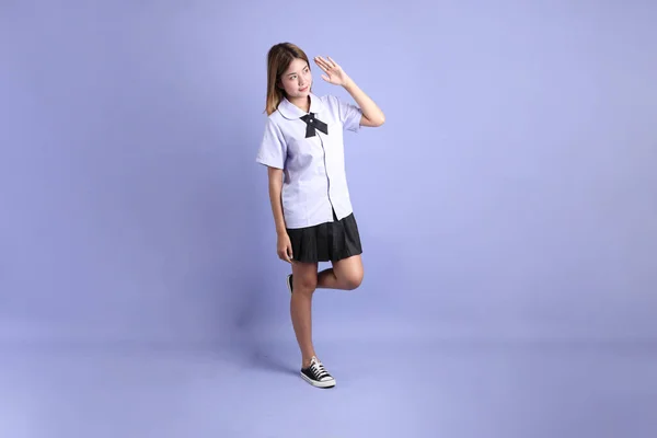 Asian Girl Thai Student Uniform Standing Purple Background — Stock Photo, Image