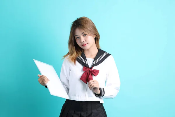 Asian Girl Japanese Student Uniform Standing Green Background — Stock Photo, Image