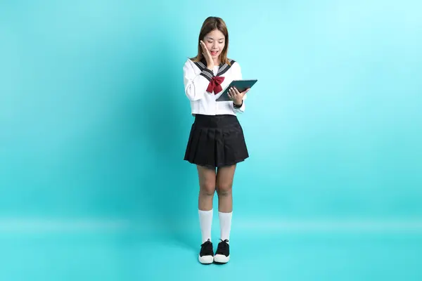Asian Girl Japanese Student Uniform Standing Green Background — Stock Photo, Image