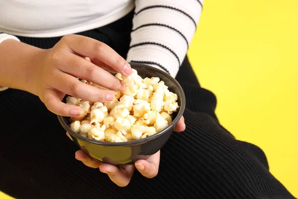 Asian Woman Holding Popcorn Hand Yellow Background — Stock Photo, Image