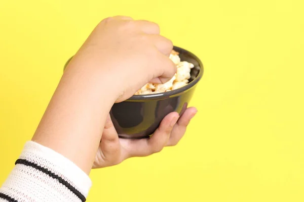 Asian Woman Holding Popcorn Hand Yellow Background — Stock Photo, Image