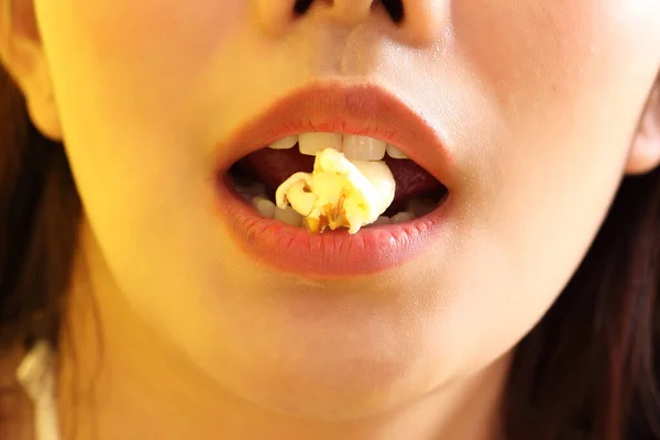 Asian Woman Eating Popcorn Hand Yellow Background — Stock Photo, Image