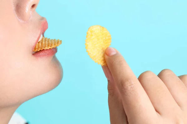 Asian Woman Eating Potato Chips Hand Yellow Background — Stock Photo, Image