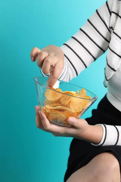 Asian Woman Holding Potato Chips Hand Yellow Background — Stock Photo, Image