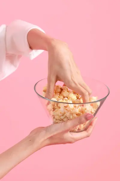 Asian Woman Holding Popcorn Hand Pink Background — Stock Photo, Image