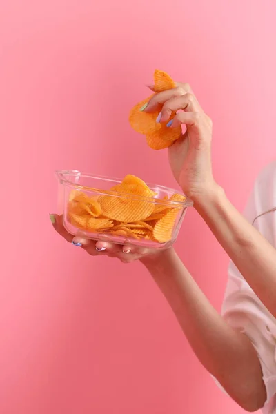 Asian Woman Eating Potato Chips Hand Pink Background — Stock Photo, Image