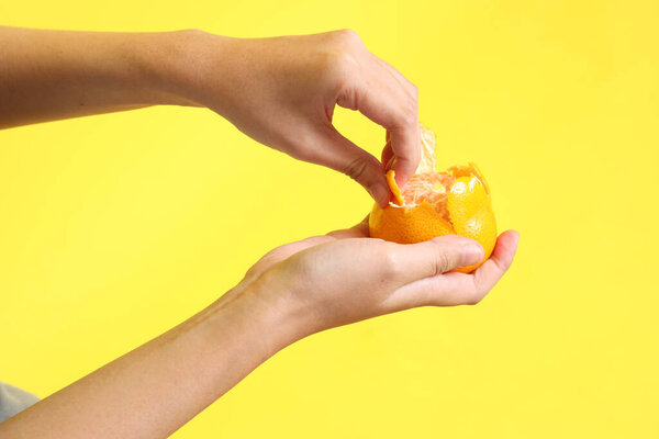 The Asian woman holding orange fruit on the yellow background.