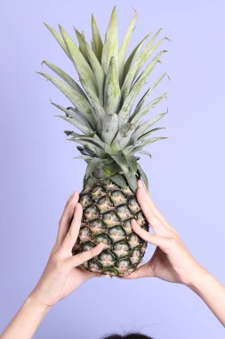 Mor arka planda ananas tutan Asyalı kadın..