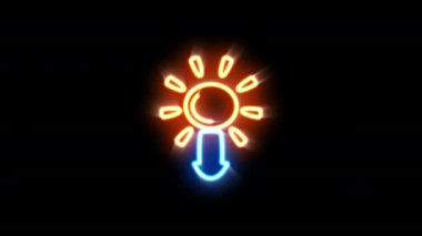 Güneş doğuşunun yanıp sönen neon ışığı ve siyah arkaplanda günbatımı simgesi.