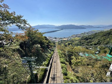 The view from the funicular railway down the hill with Miyazu Bay in the background. clipart