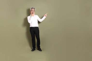 Üst düzey bir Doğu Asyalı işadamı, kıtır beyaz gömlek giymiş koyu yeşil bir arkaplanda duruyor..