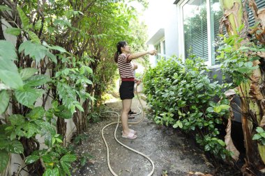 Doğu Asyalı çift evlerinin etrafındaki bitkileri bahçeleyip suluyor..