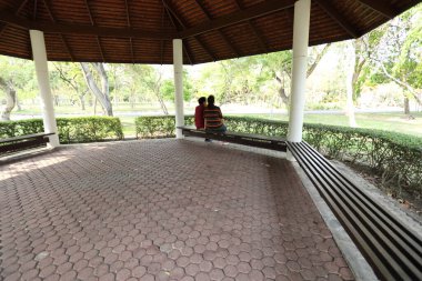 Doğu Asya 'nın son sınıf çifti parkta oturmuş dinleniyor..