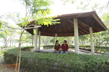 Doğu Asya 'nın son sınıf çifti parkta oturmuş dinleniyor..